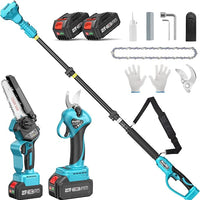 Mini-Motosega 4 in 1 con 2 Batterie, Forbici da potatura e Asta Telescopica !