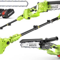 KIT Mini-Motosega 4 in 1 con Forbici da potatura, Asta Telescopica e 2 Batterie