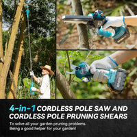 Mini-Motosega 4 in 1 con 2 Batterie, Forbici da potatura e Asta Telescopica !