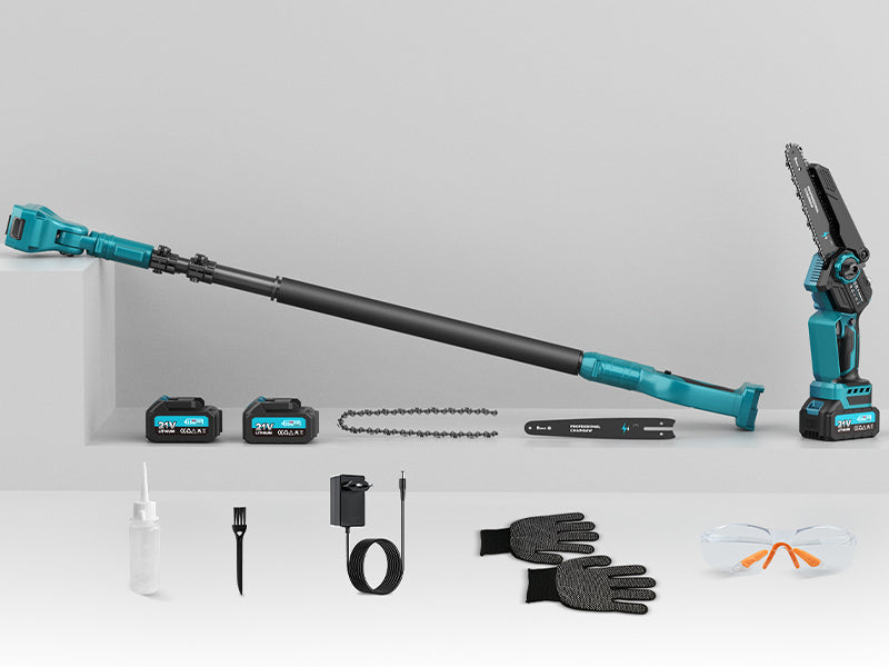 Mini-Motosega 4 in 1 con 2 Batterie, Forbici da potatura e Asta Telescopica !