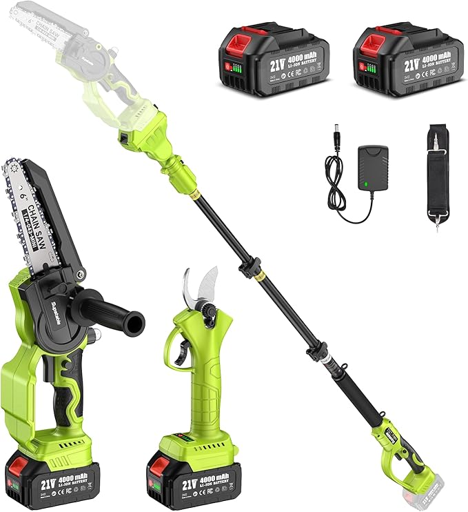 KIT Mini-Motosega 4 in 1 con Forbici da potatura, Asta Telescopica e 2 Batterie