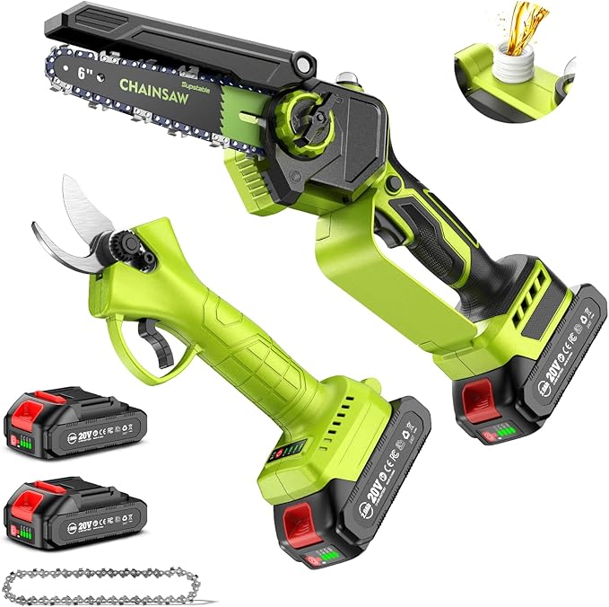 KIT Mini-Motosega 4 in 1 con Forbici da potatura, Asta Telescopica e 2 Batterie