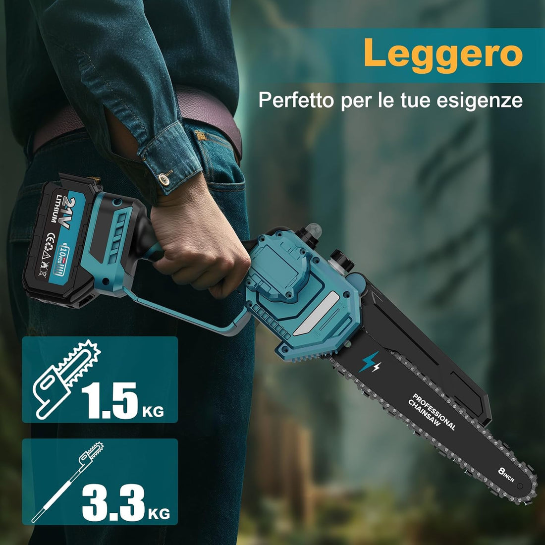 Mini-Motosega 4 in 1 con 2 Batterie, Forbici e Asta Telescopica