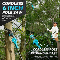 Mini-Motosega 4 in 1 con 2 Batterie, Forbici da potatura e Asta Telescopica !