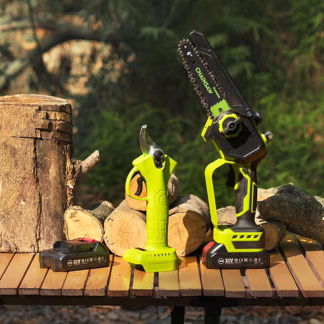 KIT Mini-Motosega 4 in 1 con Forbici da potatura, Asta Telescopica e 2 Batterie