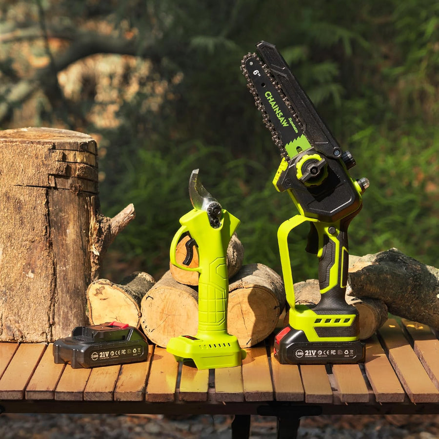 KIT Mini-Motosega 4 in 1 con Forbici da potatura, Asta Telescopica e 2 Batterie